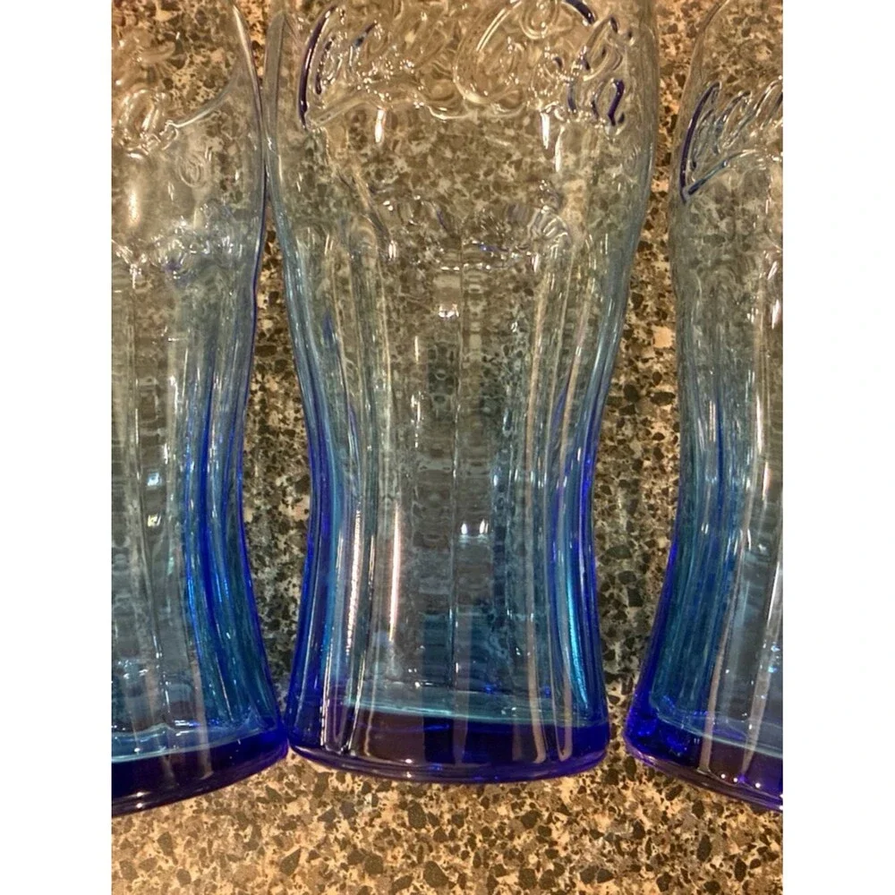 Vtg Coca-Cola Rare Cobalt Blue Ribbed Contour Shape Glasses with Embossed Script